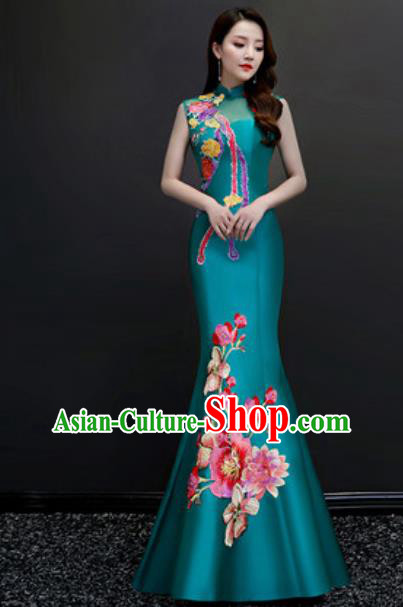 Chinese Traditional Chorus Embroidered Peacock Green Full Dress Compere Cheongsam Costume for Women