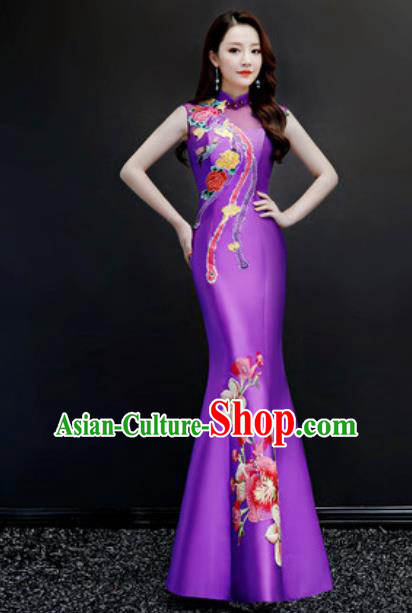 Chinese Traditional Chorus Embroidered Purple Full Dress Compere Cheongsam Costume for Women