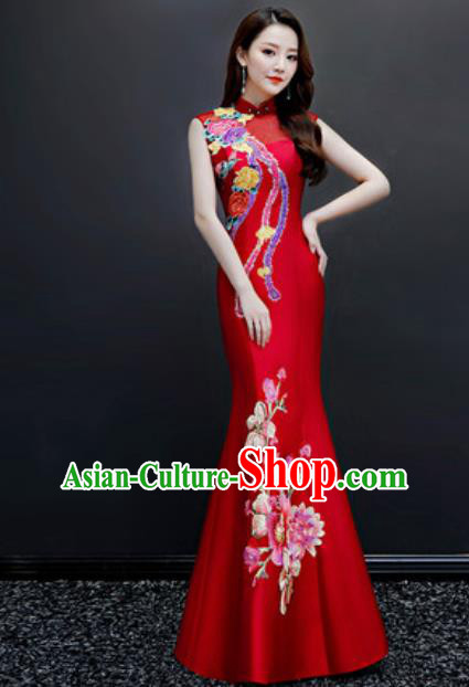 Chinese Traditional Chorus Embroidered Red Full Dress Compere Cheongsam Costume for Women