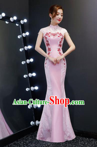 Chinese Traditional Embroidered Fishtail Pink Dress Compere Cheongsam Costume for Women