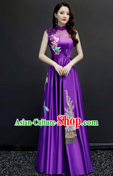 Chinese Traditional Embroidered Purple Dress Compere Cheongsam Costume for Women