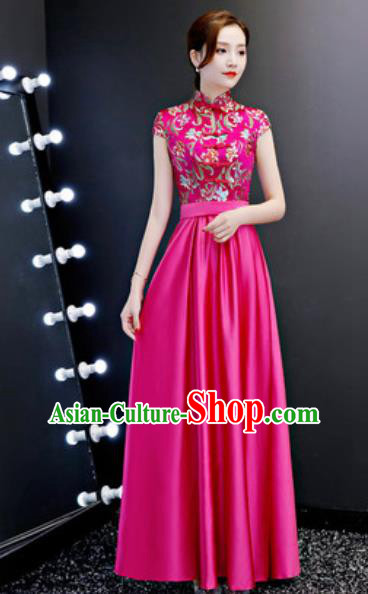 Chinese Traditional Rosy Qipao Dress Compere Cheongsam Costume for Women