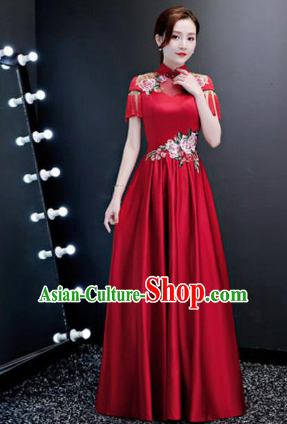 Top Compere Catwalks Embroidered Peony Wine Red Full Dress Evening Party Costume for Women