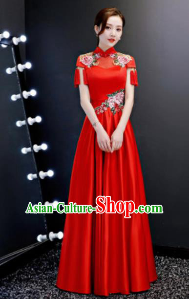 Top Compere Catwalks Embroidered Peony Red Full Dress Evening Party Costume for Women