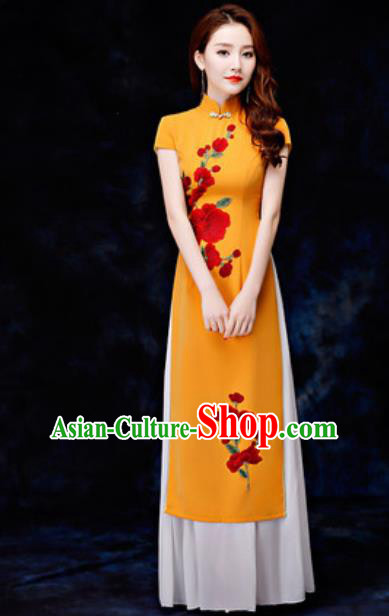 Chinese Traditional Printing Yellow Qipao Dress Compere Cheongsam Costume for Women