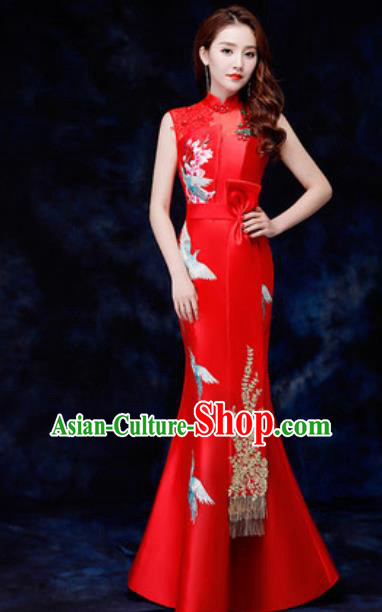 Chinese Traditional Embroidered Birds Red Qipao Dress Compere Cheongsam Costume for Women