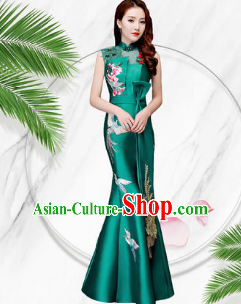 Chinese Traditional Embroidered Birds Green Qipao Dress Compere Cheongsam Costume for Women