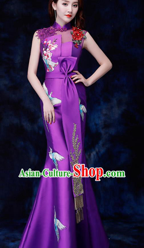 Chinese Traditional Embroidered Birds Purple Qipao Dress Compere Cheongsam Costume for Women