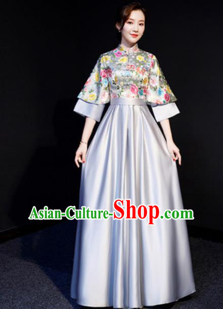 Chinese Traditional Bridesmaid Embroidered Grey Full Dress Spring Festival Gala Compere Cheongsam Costume for Women