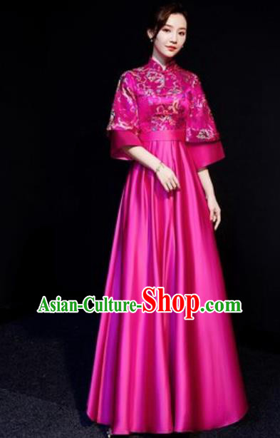 Chinese Traditional Bridesmaid Embroidered Rosy Full Dress Spring Festival Gala Compere Cheongsam Costume for Women