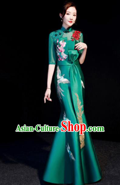 Top Compere Embroidered Green Full Dress Evening Party Costume for Women