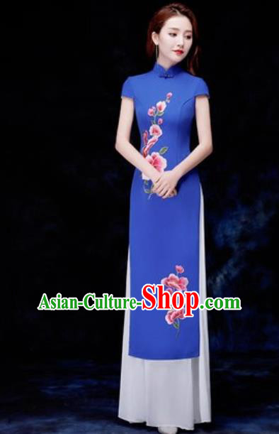 Chinese Traditional Embroidered Royalblue Qipao Dress Compere Cheongsam Costume for Women