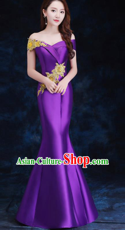 Top Compere Catwalks Embroidered Purple Full Dress Evening Party Compere Costume for Women