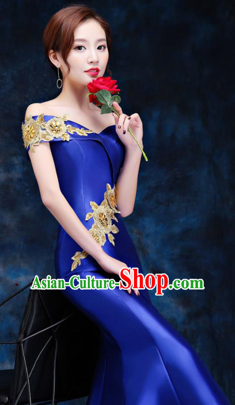 Top Compere Catwalks Embroidered Royalblue Full Dress Evening Party Compere Costume for Women