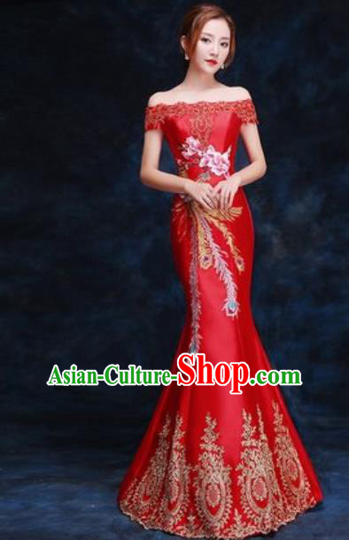Top Compere Catwalks Embroidered Mangnolia Red Full Dress Evening Party Compere Costume for Women