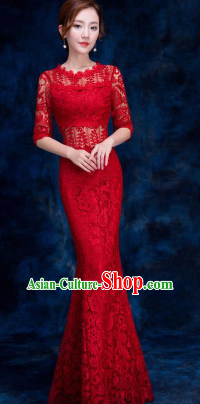 Top Compere Catwalks Red Lace Full Dress Evening Party Compere Costume for Women