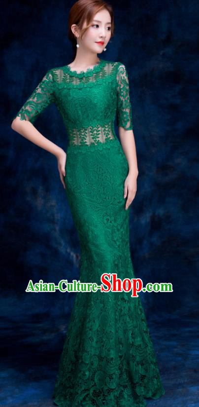 Top Compere Catwalks Green Lace Full Dress Evening Party Compere Costume for Women