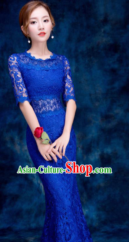 Top Compere Catwalks Royalblue Lace Full Dress Evening Party Compere Costume for Women