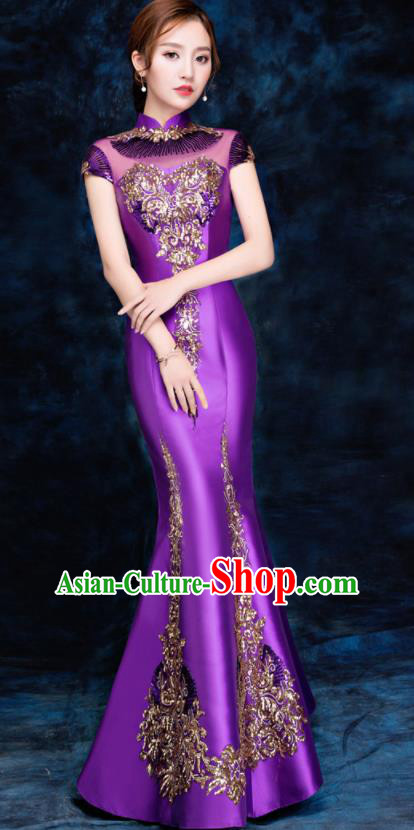 Chinese Traditional Embroidered Sequins Purple Qipao Dress Compere Cheongsam Costume for Women