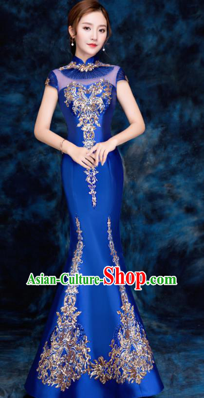 Chinese Traditional Embroidered Sequins Royalblue Qipao Dress Compere Cheongsam Costume for Women