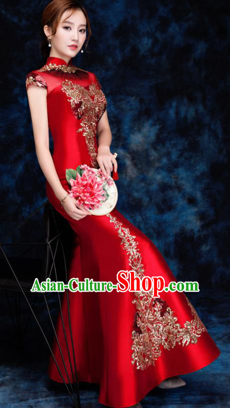 Chinese Traditional Embroidered Sequins Red Qipao Dress Compere Cheongsam Costume for Women