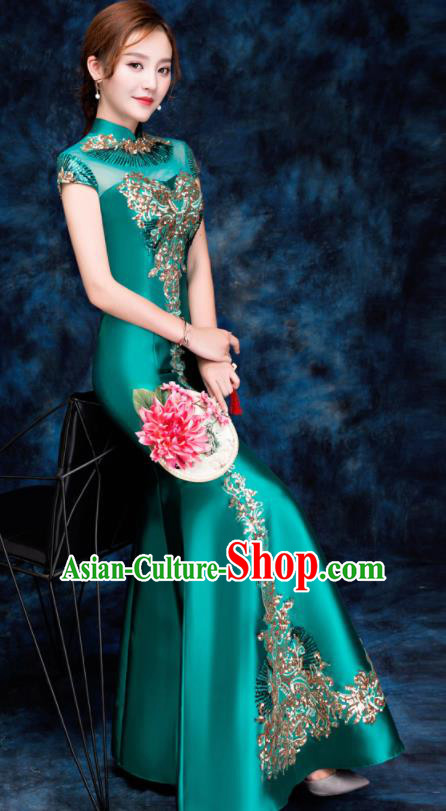 Chinese Traditional Embroidered Sequins Green Qipao Dress Compere Cheongsam Costume for Women