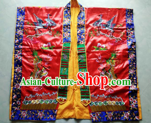 Chinese National Quanzhen Red Taoist Frock Embroidered Cranes Cassock Traditional Taoism Rites Costume for Men