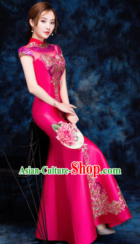 Chinese Traditional Embroidered Sequins Rosy Qipao Dress Compere Cheongsam Costume for Women