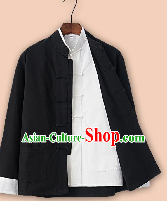 Chinese National Tang Suit Black Linen Jacket and Shirt Traditional Martial Arts Costumes for Men