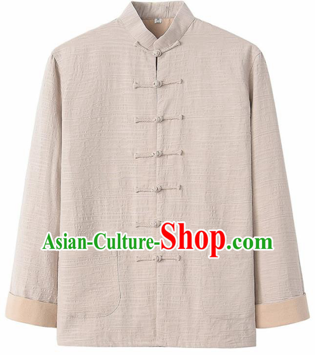 Chinese National Tang Suit Beige Flax Jacket Overcoat Traditional Martial Arts Costumes for Men