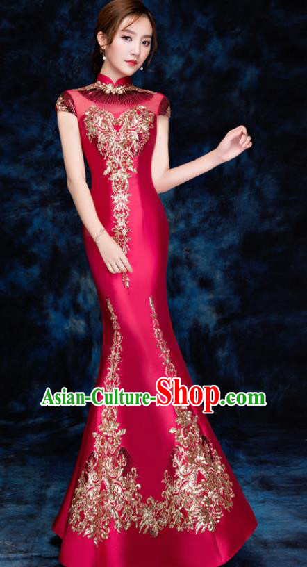 Chinese Traditional Embroidered Sequins Wine Red Qipao Dress Compere Cheongsam Costume for Women