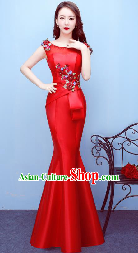 Top Compere Catwalks Red Satin Full Dress Evening Party Compere Costume for Women