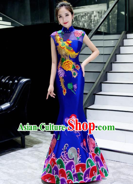 Chinese Traditional Embroidered Phoenix Peony Royalblue Qipao Dress Compere Cheongsam Costume for Women