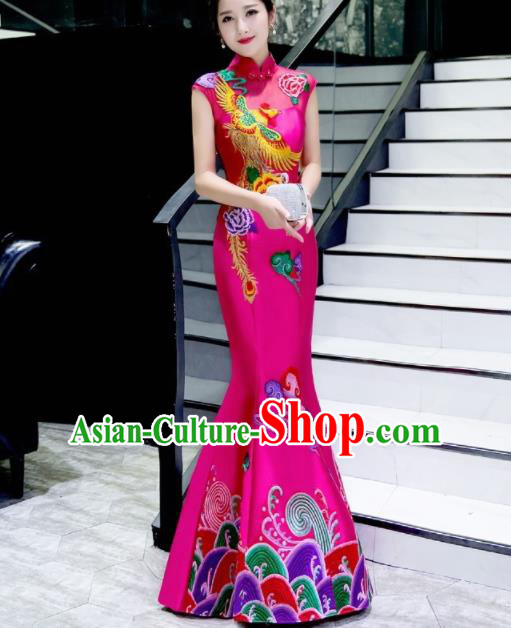 Chinese Traditional Embroidered Phoenix Peony Rosy Qipao Dress Compere Cheongsam Costume for Women