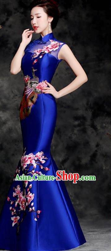 Chinese Traditional Embroidered Peacock Mangnolia Royalblue Qipao Dress Compere Cheongsam Costume for Women
