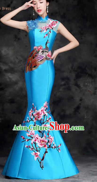 Chinese Traditional Embroidered Peacock Mangnolia Blue Qipao Dress Compere Cheongsam Costume for Women