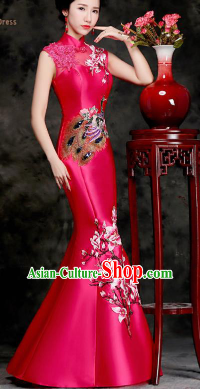 Chinese Traditional Embroidered Peacock Mangnolia Rosy Qipao Dress Compere Cheongsam Costume for Women