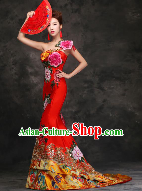 Chinese Traditional Embroidered Peony Red Trailing Qipao Dress Compere Cheongsam Costume for Women