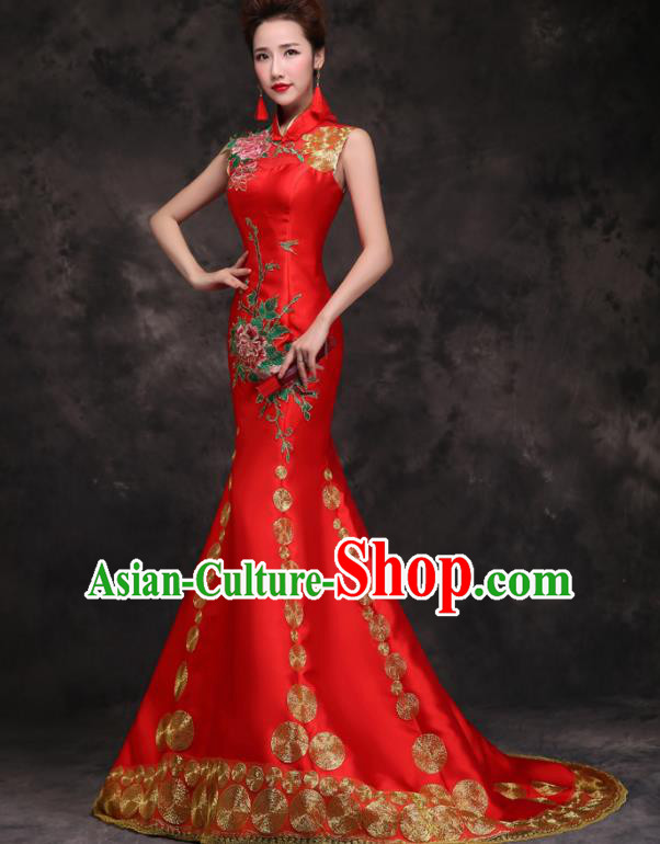 Chinese Traditional Wedding Embroidered Peony Red Qipao Dress Compere Cheongsam Costume for Women