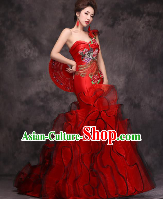 Chinese Traditional Wedding Embroidered Peacock Peony Red Qipao Dress Compere Cheongsam Costume for Women