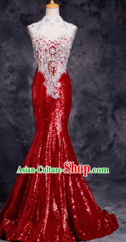 Top Compere Catwalks Red Diamante Sequins Full Dress Evening Party Compere Costume for Women