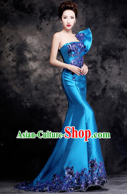 Top Compere Catwalks Diamante Single Shoulder Blue Full Dress Evening Party Compere Costume for Women