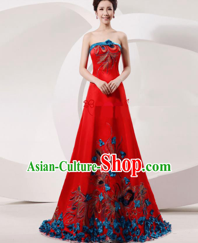 Chinese Traditional Wedding Bride Red Full Dress Compere Cheongsam Costume for Women