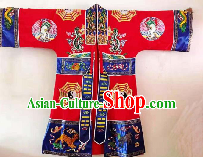 Chinese National Taoist Embroidered Red Priest Frock Cassock Traditional Taoism Rites Costume for Men