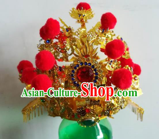 Chinese Traditional Guan Gong God Statue Golden Hat Taoism Deity Headwear