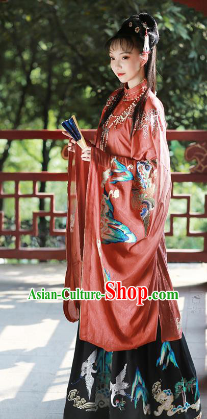 Chinese Ming Dynasty Palace Lady Red Embroidered Dress Traditional Ancient Imperial Consort Costumes for Women