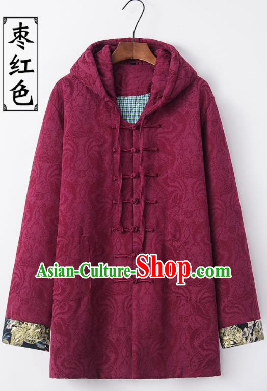 Chinese National Tang Suit Purplish Red Hooded Cotton Wadded Jacket Traditional Martial Arts Costumes for Men