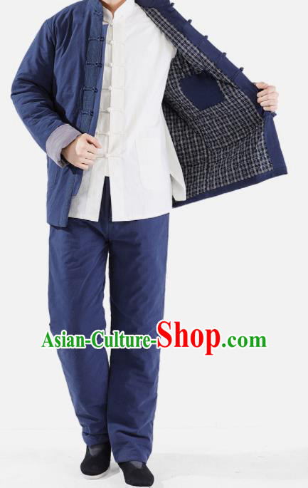 Chinese National Navy Cotton Wadded Jacket and Pants Traditional Tang Suit Martial Arts Costumes Complete Set for Men