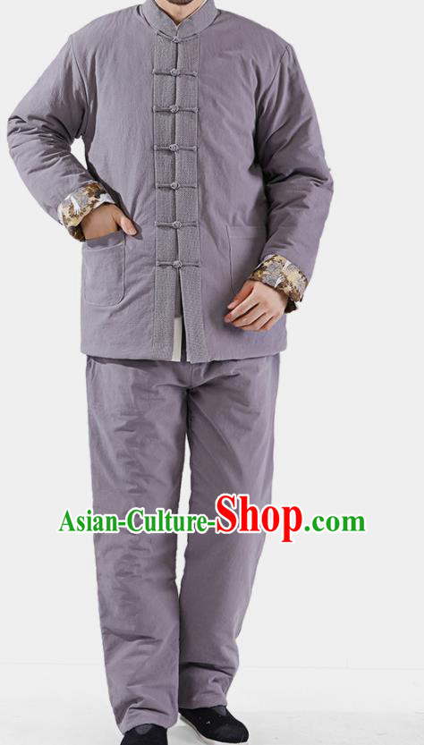 Chinese National Grey Cotton Wadded Jacket and Pants Traditional Tang Suit Martial Arts Costumes Complete Set for Men