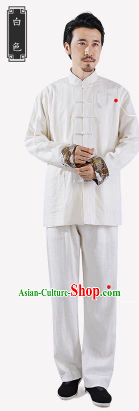 Chinese National White Flax Jacket and Pants Traditional Tang Suit Martial Arts Costumes Complete Set for Men